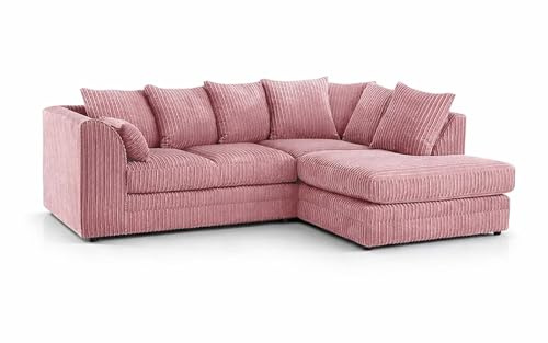 Furniture 786 4 Settee Suites - Sectional L Shaped 4 Seater Corner Sofa - Modern Jumbo Cord Sofas - Small L Shape Left & Right Hand Settees - Comfy Scatter Back Couches for Living Room (Pink, RHC)