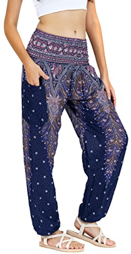 Lofbaz Damen Haremshose Yogahose Pumphose Hippie Hose Boho Kleidung Festival Outfit Sommerhose Leicht Sommer Hosen - Peacock 1 Dunkelblau S