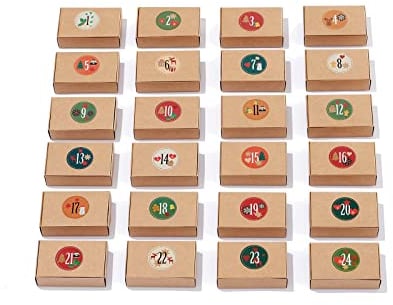 ewtshop® 24 braune Geschenkboxen Natur + 24 Adventssticker, für den individuellen Adventskalender oder auch für kleine Geschenke, Candy-Boxen, für Kekse, Bonbons, Deko Geschenkboxen