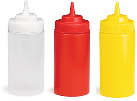 Tablecraft by Chefline Set of 3 Widemouth Sauce Bottle/Dispenser 8oz Clear/Red/Yellow, Mayo/Ketchup/Mustard