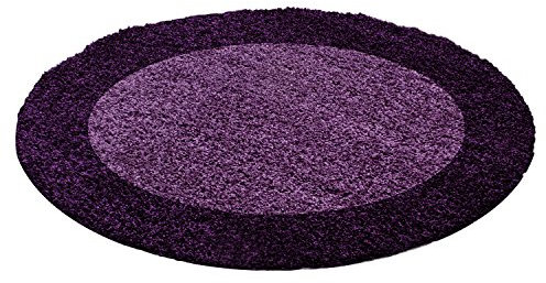 Carpetsale24 Hochflor Teppich Shaggy mit Bordüre 120 cm Rund Violett, 2-farbig, flauschig & weich, modernes Design, ideal für Flur oder unter Beistelltisch
