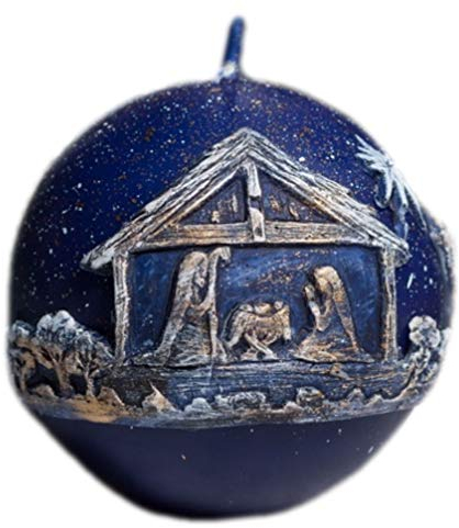 RAK Kerze Deko Kugelkerze dunkelblau Bethlehem Krippe 100 mm 430 g/40 h Relief 05599 Wachs Unparfümiert