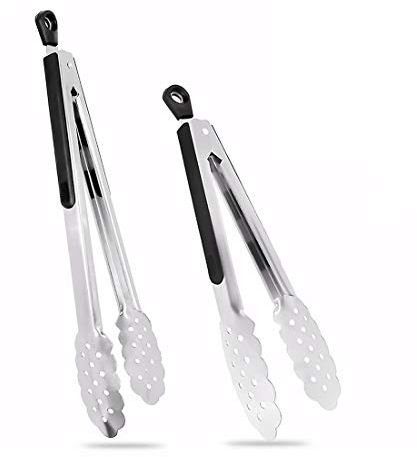 harmiey Kitchen Tongs, 2 packs Barbecue Tongs (9” and 12”) Stainless Steel Cooking Tongs Heat Resistant Handle Smart Locking Clip Non-Slip for BBQ, Salad, Grill, Fry, Serving
