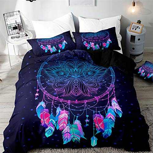 ENEN Bettbezug Bettwäsche Set 3 TLG, 3D Traumfänger Bedrucktes Mikrofaser Bettwäsche-Set, Bettwaren - mit 1 Reißverschluss Bettbezug und 2 Kissenbezug (Dunkelblau,135x200cm)