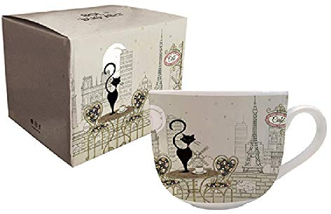 KIUB - Grand bol Paris Tour eiffel avec une anse - Motif Paris Café avec un chat - matière porcelaine fine - contenance 670ML