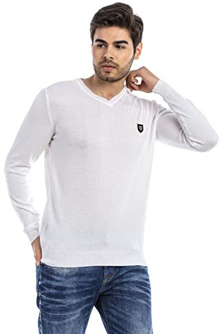 Cipo & Baxx Herren Pullover CP242 Weiß – Stylischer Strickpullover im modernen Design mit hohem Perfekt für Freizeit, Alltag & Coole Streetwear Outfits - CP242 Weiß XL