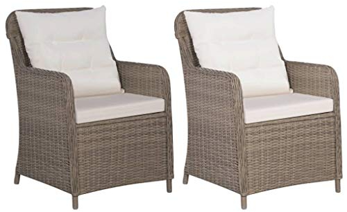 Hommdiy 2X Gartenstuhl mit Polster Poly Rattan Gartensessel Sessel Stuhl Stühle Braun und Cremeweiß