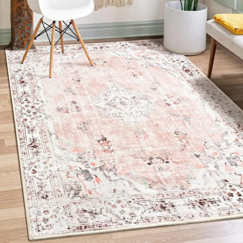 MUJOO Boho-Teppich, 90x150 cm, maschinenwaschbar, Teppiche, rosa, kleine Teppiche, rutschfest, für Eingangsbereich, Schlafzimmer, Nachttisch, Küche, Flur, Wohnzimmer, niedriger Flor, Blumenmuster.