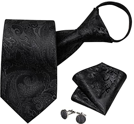 DiBanGu Seiden-Reißverschluss-Krawatten für Herren, gewebtes Paisley/einfarbig/kariert, vorgebundene Krawatte und Einstecktuch, verstellbare Manschettenknöpfe, Black Paisley, Einheitsgröße
