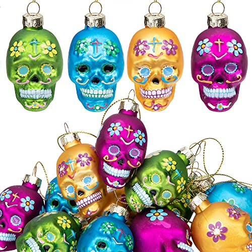 Watayo 12 Stück Tag der Toten Glasornamente - Dia De Los Muertos Zuckerschädel Ornamente - Halloween hängende Skelettkopf-Dekorationen für Party Weihnachtsbaum Dekoration