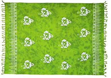 SAIVONA Pareo Sarong Strandtuch Damen - Wickelrock Strand - Handtuch Blickdicht als Wickeltuch oder Handtuchkleid und Wickelkleid Damen - Handarbeit aus Fair Trade Herstellung Batik Blume Grün
