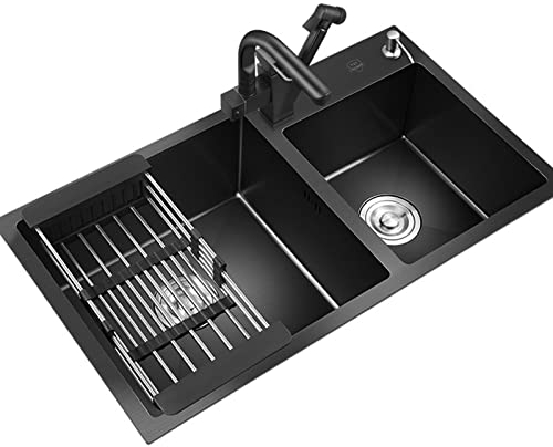 Fregaderos De Dos Senos Negro Cocina Grande Acero Inoxidable con Grifo Multifunción Y Accesorios (Color : Black, S : 72x40cm)