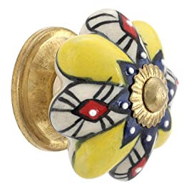 Rasiya Art Yellow Boho Drawer Ceramic Knobs - Countryside Dresser Pull Handle Kitchen Cabinets Cupboard Wardrobe Knob Farmhouse Decor Furniture Hardware - Yellow Floral - Pack of 4