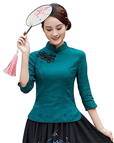 YLfly Chemise chinoise à col mandarin Qipao Tops Chemisier traditionnel pour femme Simple Solide, Vert, 34