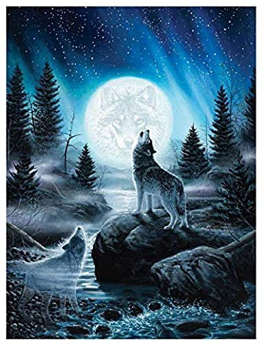 WOWDECOR Malen nach Zahlen-Sets für Erwachsene und Kinder, Ölgemälde zum Selbermachen, Wölfe, Tiere, Mond, Wald, 40,6 x 50,8 cm (rahmenlos)