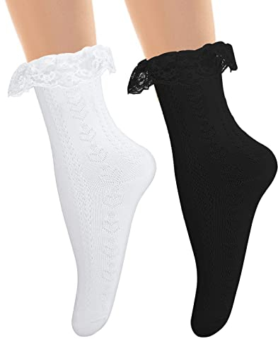 2 Paar Damen Rüschen Socken Schwarz Weiß Spitzensocken Kurze Rüschen Söckchen Mode Baumwollsocken Prinzessin Socken Damen Mädchen Uniform Lolita Kostüm Zubehör