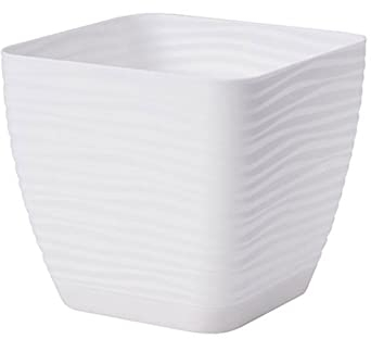 Acan Tradineur - Maceta Cuadrada con Plato - Diseño Sahara (19 cm) - Fabricado en plástico - Ideal para jardín Exterior, terraza o balcón - Color Blanco