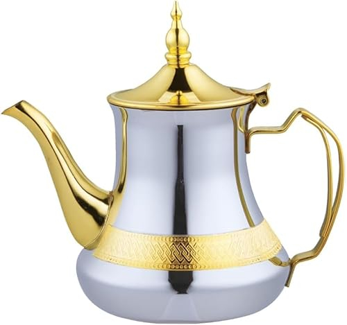 Théière arabe fabriquée en acier inoxydable avec filtre intégré authentique traditionnel, modèle gravé avec design classique arabe doré (dora-7)