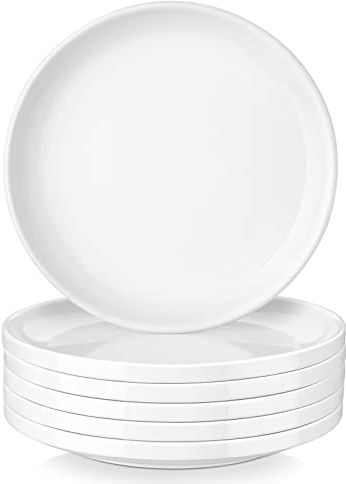 LOVECASA Juego de 6 Platos de Postre 20,6 cm x 2,5 cm, Platos Llanos de Porcelana de Redonda, Platos Modernos, Vajillas Aptos para Lavavajillas y Microondas, Color Blanco