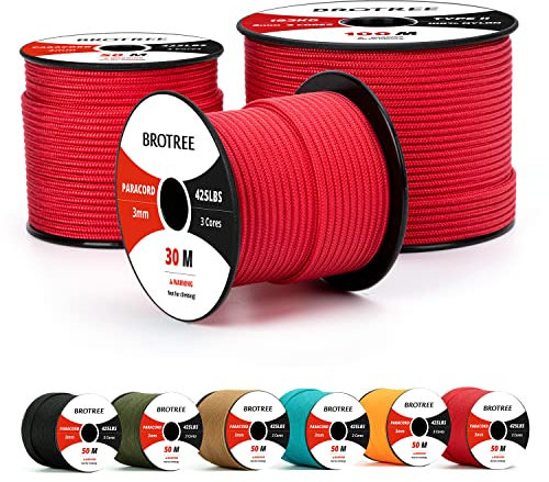 Brotree 3mm Paracord 425 100% Nylon 100M Rope 3 Strands Type II Parachute Cord for Outdoor, Craft, DIY - 192kg Breaking Load (Red)