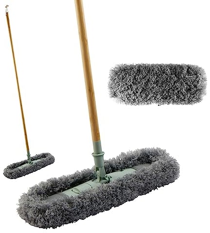 Beldray LA029067GRNEU7 Fluffy Floor Duster – Flat Head Mop, Soft Fibres, Wooden/Laminate Flooring, Hard Floor Cleaner, 180° Rotating Head, Made from New Recycled Plastic, FSC® -Certified Bamboo Handle