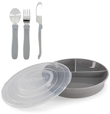 Twistshake Set De Vajilla Para Bebé | Plato Dividido + Cubiertos De Acero Inoxidable 12m+ | Sin BPA | Kit De Entrenamiento De Alimentación Para Niños | Gris
