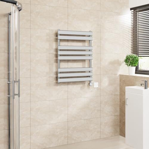 Warmehaus Flat Panel Electric Heated Towel Rail Touch Screen Timer Bathroom Radiator Prefilled Chrome 800x600mm 400W