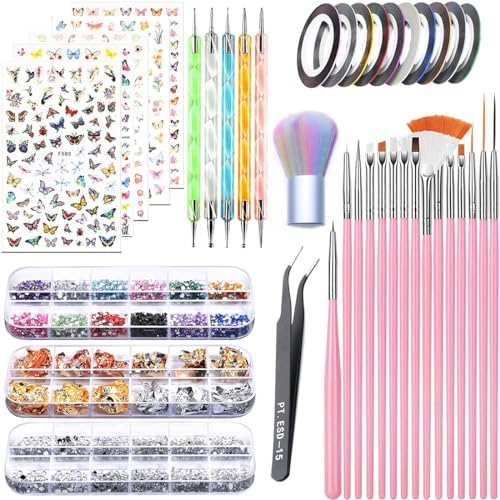 VIVIIHOO Juego de 50 pegatinas de uñas y accesorios para manicura y uñas de gel, incluye pinceles, diamantes de imitación, cinta de rayas y color oro de hoja
