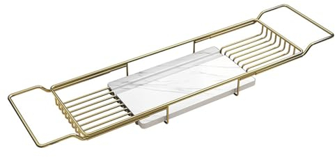 asdchZen Vassoio per vasca da bagno, in acciaio inox, per doccia, vasca da bagno, con porta libri rimovibile per vino rosso, per la cucina di casa, oro con bianco (oro con bianco)