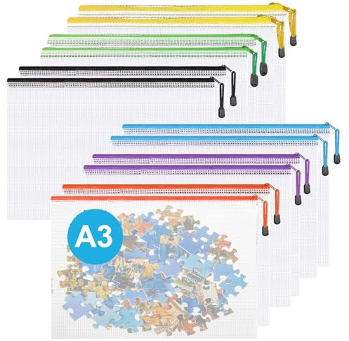A3 Plastic Zip Wallets - 12PCS A3 Zip Lock Bags Plastic Document Folders Mesh Zipper File Bags Waterproof Travel Storage Pouch for School Office Supplies, Puzzles, Board Games & Craft Projects