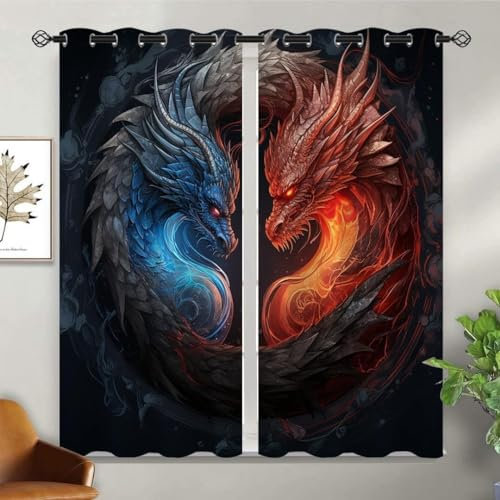HRBK Gardinen Blickdicht Drache Blau Rot Verdunklungsvorhänge Schallschutz Vorhang Wohnzimmer füR Wohnkultur Schlafzimmer VorhäNge B 140 x H 245 cm 2er Set