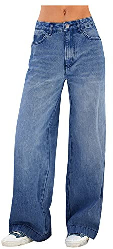 Pantalon en denim bleu pour femmes, taille haute, léger et aéré, coupe droite, pantalon long avec poches, bleu foncé, L