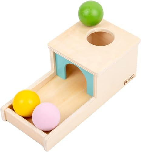 Adena Montessori Objektpermanenz Box mit Tablett, DREI Bällen, Montessori-Spielzeug für Babys ab 6–12 Monaten,ab 1 Jahr ((Small Box – für Jungen)