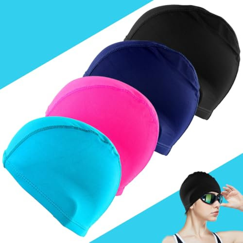 Gorro de natación, gorro de natación de tela confortable, gorro de natación suave, gorro de natación ligero, gorro de natación para mujeres, niños, adolescentes, adultos, juego de 4 piezas.