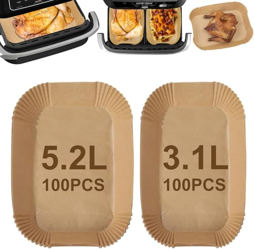 Pamatio Air Fryer Liners for Tefal Easy Fry 5.2l/3.1l, 200 Pieces Large & Small Fryer Paper, Disposable Air Fryer Accessories for Tower/Lakeland/Salter 2 Drawer Fryer