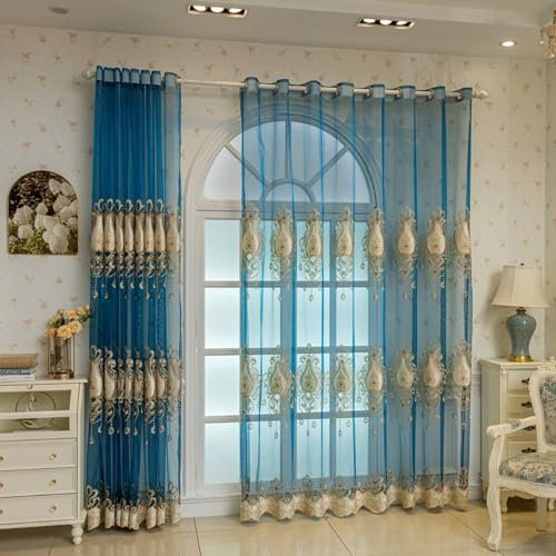 Beydodo Gardinenschals 2er Set mit Schlaufen, Vorhänge Halbtransparent 132x160CM Stickerei mit Blumen Motiv Gardinen Polyester Blau Lichtdurchlässig Schiebevorhänge Wohnzimmer Schlafzimmer