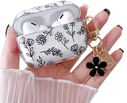 MINSCOSE Kompatibel mit AirPods Pro 2 Klar Hülle,Niedliche Blume Floral Ästhetisches Design mit Blumen Schlüsselanhänger,Weiche TPU Schutzhülle für Frauen Mädchen für AirPods Pro 2-Schwarz