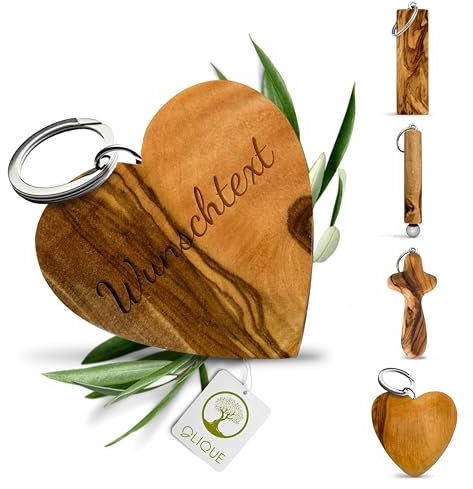 Schlüsselanhänger personalisiert, Olivenholz - Handgemachter Anhänger mit Gravur als individuelles Geschenk (Herz)