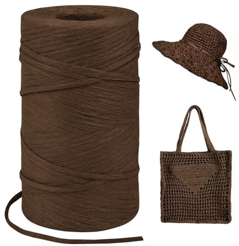 LEREATI Raffia Garn zum Häkeln, Bastband Natur 3mm x 300m Papiergarn Geschenkbänder, Bändchengarn zum Häkeln, Papierdraht zum Häkeltaschen, Körbe, Hüte, Geschenkverpackung (Dunkel Kaffee)