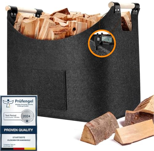 Pizsieat XL 50L Filzkorb & Holzkorb für Kaminholz, 4mm Kaminholzkorb aus Extradickem Filz + Rutschfeste Griffe + Fronttasche Extra Groß Feuerholzkorb, Brennholzkorb für Einkauf, Zeitung oder Brennholz
