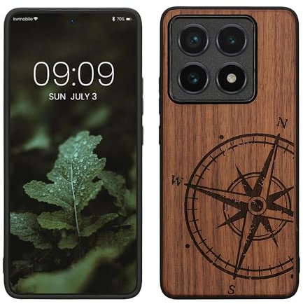 kwmobile Hülle kompatibel mit Xiaomi 14T Pro Hülle - Holz Case - Handy Cover - TPU Handyhülle in Dunkelbraun Kompass Vintage