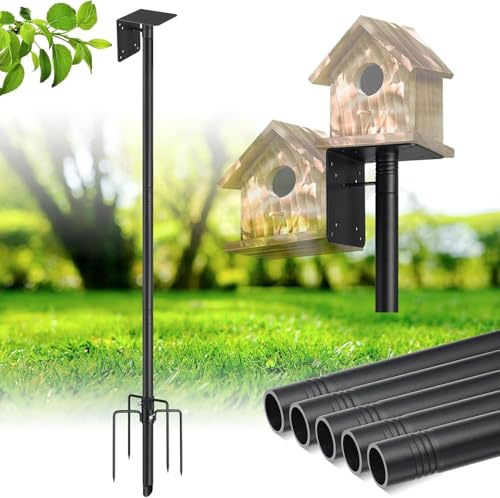 Support de Nichoir, 150cm Support de Nichoir Réglable Poteau de Maison Extérieure avec Piquet Coupe-Vent à 5 Griffes et Support de Montage, pour Maison de Merle Bleu, Copain d’Oiseau, Station Météo
