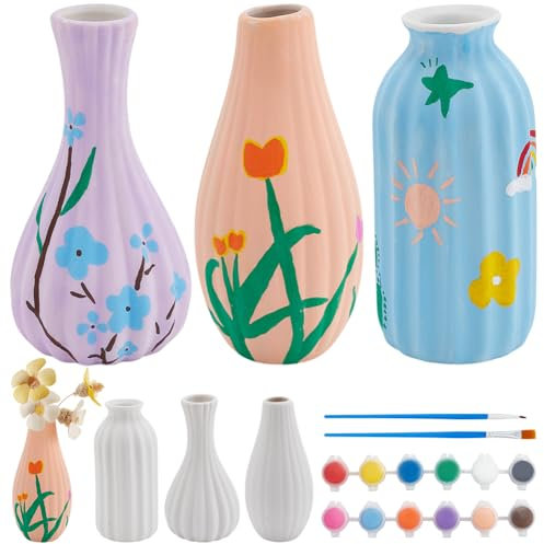 WEBEEDY 3 Sizes Ceramic Pots Paint Kit DIY Ceramic Vase Kit for Adults Beginner Paint Your Own Ceramic Pottery Unpainted White Ceramic Vase Decorating Kit for Desk DIY Activity Christmas Birthday Gift