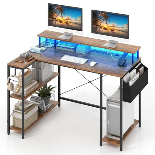 COSTWAY Bureau d'angle Ordinateur 120 cm LED, Bureau Gaming avec Ports USB et Prise de Courant, Table imformatique Etagères de Rangement et Support d’Ecran, pour Jouer, Travailler (Marron Rustique)