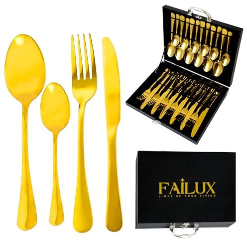 24-Piece Gold Cutlery Set, Stainless Steel Cutlery Set for 6 People – Elegant Cutlery Sets with Knives, Forks Set, Dinner and Tea Spoons Sets – Dishwasher Safe, Perfect for Home, Party & Restaurant