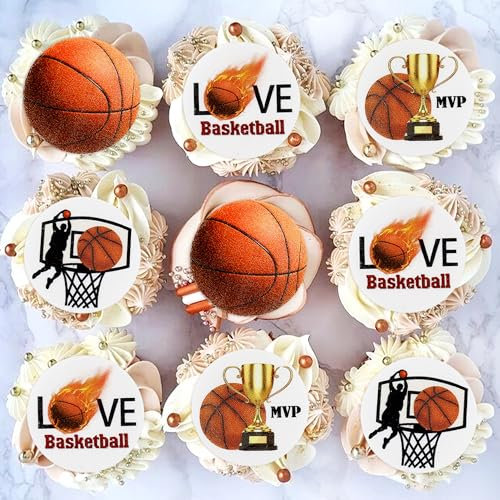 Blumomon 40Pcs Edible Basketball Cupcake Toppers Edible Sports Cupcake Decorations Edible Basketball Cake Decorations Girl Boy Basketball Theme Happy Birthday Baby Shower Party Cake topper Supplies