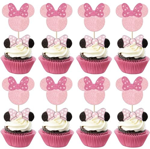 SYKYCTCY 24 Pack Mouse Inspired Cupcake Toppers with Pink Bow Pink Glitter Mini Cupcake Picks Decorations for Baby Shower Wedding Kids Birthday Party