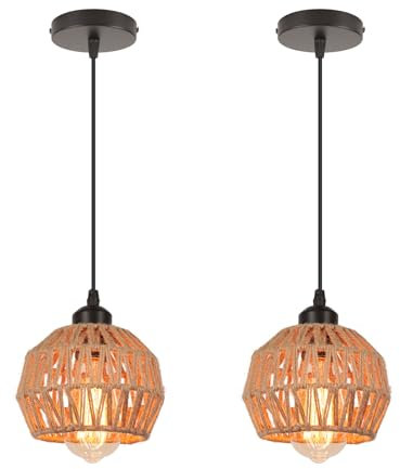 LIGKIN 2PCS Suspension Luminaire Industriel Lustre Vintage Abat-jour en Métal Chanvre Corde E27 Lampe Suspendue Plafonnier Rétro pour Restaurant Salon Chambre