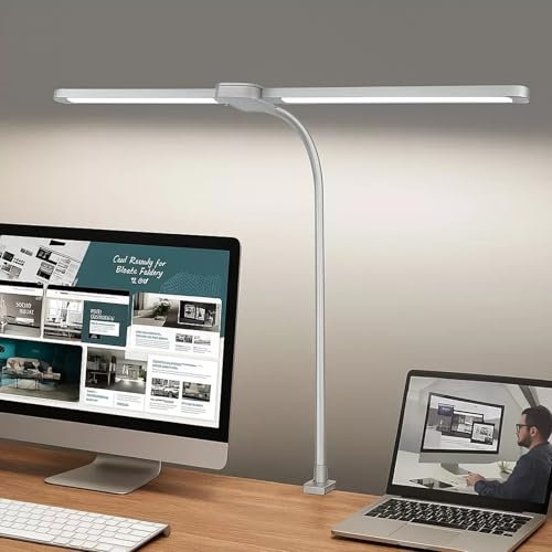 LED Dual-Head Desk Lamp with Clamp – 160 LED Beads, 10 Brightness Levels, 5 Colour Temperatures, 70cm Gooseneck, Touch Control, Memory & Timer – Reading Light for Office, Craft, Study (White)