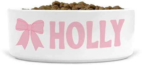 Personalised Ceramic Dog Bowl Bow Design for Food/Water, Size Small-Medium (Pale Pink, Text Style LV)